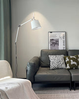 Rocker Adjustable Modern Floor Lamp with Chrome Body and White Fabric Drum Shade