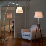 Rocker Adjustable Modern Floor Lamp with Chrome Body and White Fabric Drum Shade