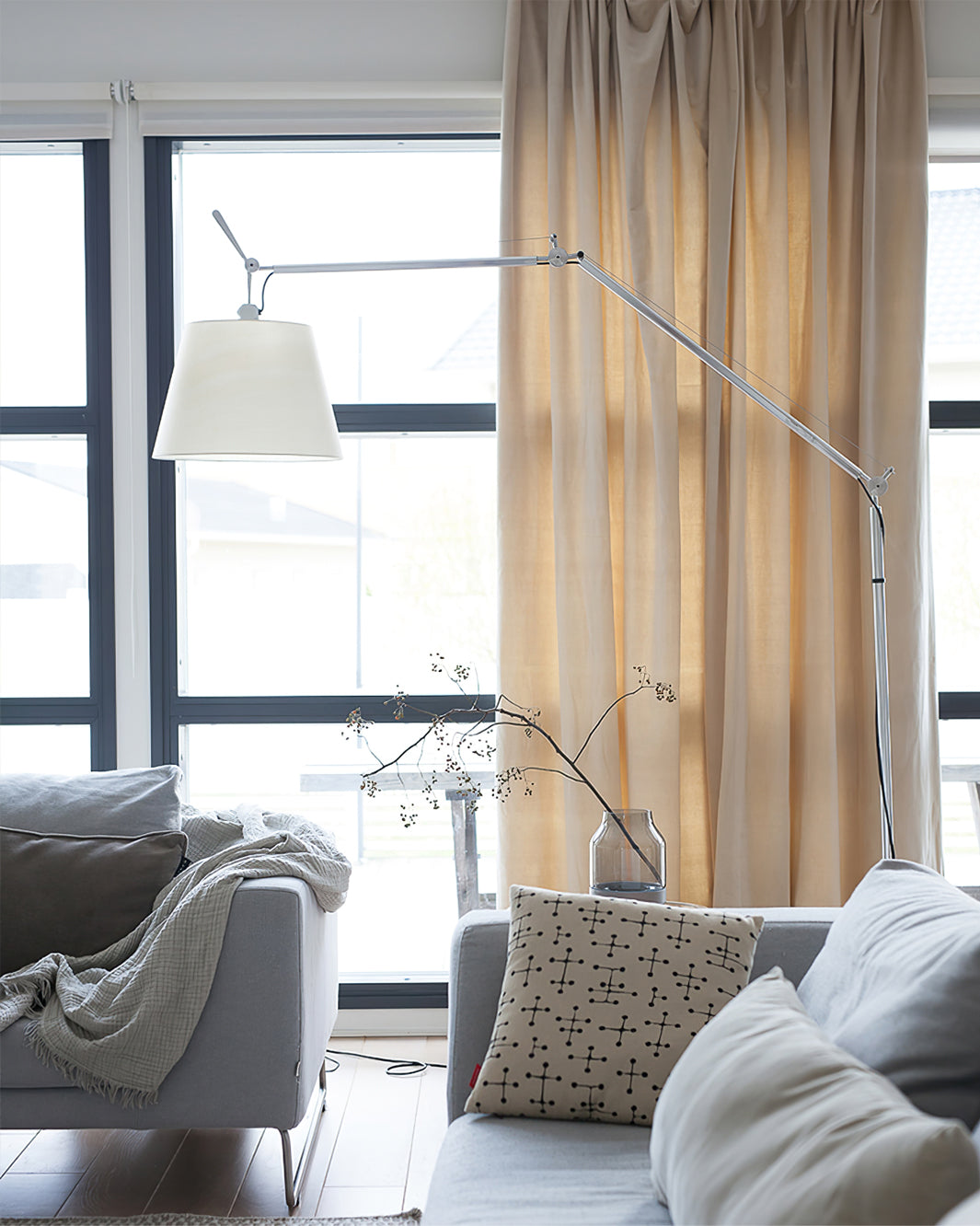 Rocker Adjustable Modern Floor Lamp with Chrome Body and White Fabric Drum Shade
