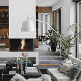 Rocker Adjustable Modern Floor Lamp with Chrome Body and White Fabric Drum Shade