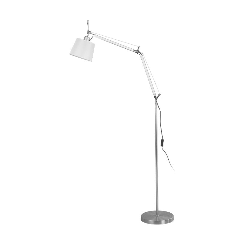 Rocker Adjustable Modern Floor Lamp with Chrome Body and White Fabric Drum Shade
