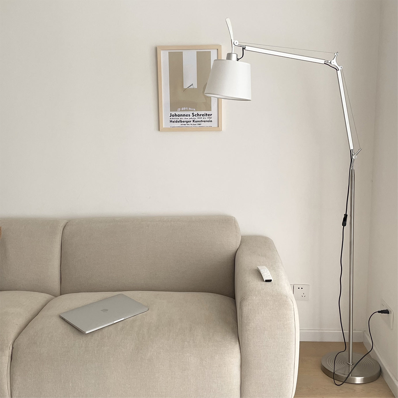 Rocker Adjustable Modern Floor Lamp with Chrome Body and White Fabric Drum Shade