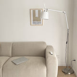 Rocker Adjustable Modern Floor Lamp with Chrome Body and White Fabric Drum Shade