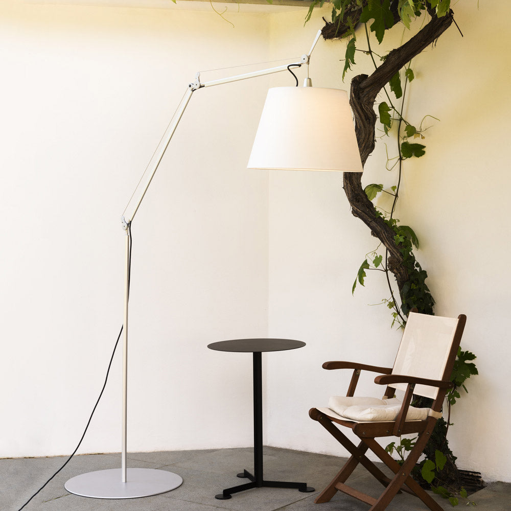 Rocker Adjustable Modern Floor Lamp with Chrome Body and White Fabric Drum Shade