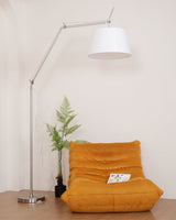 Rocker Adjustable Modern Floor Lamp with Chrome Body and White Fabric Drum Shade