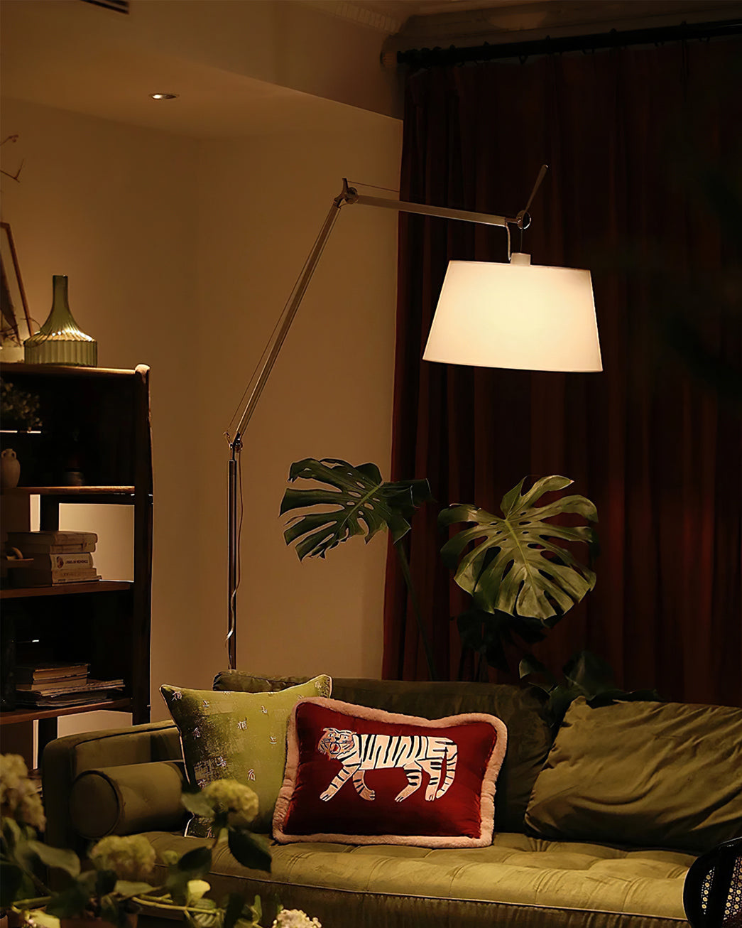 Rocker Adjustable Modern Floor Lamp with Chrome Body and White Fabric Drum Shade