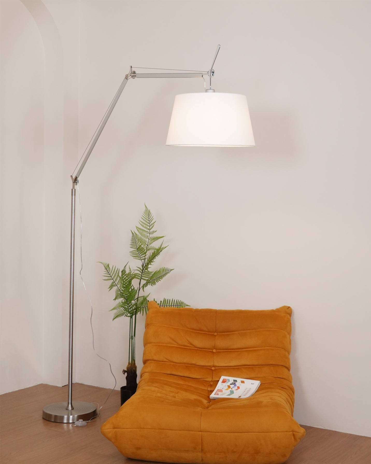 Rocker Adjustable Modern Floor Lamp with Chrome Body and White Fabric Drum Shade