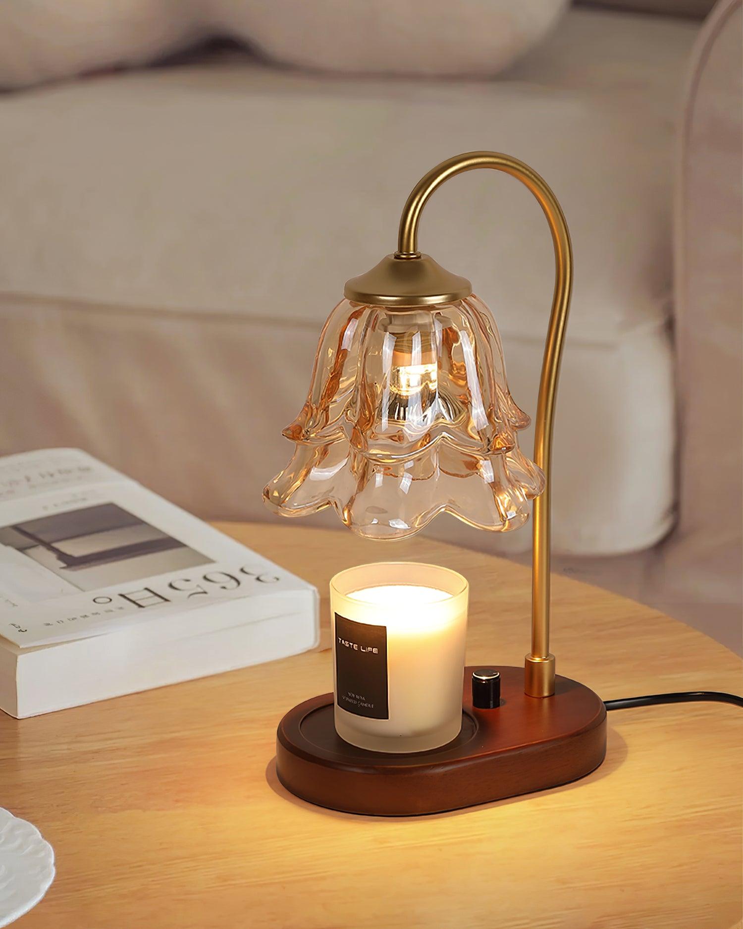 Romantic Amber Glass Candle Warmer Table Lamp with Walnut Wood Base for Home Decor