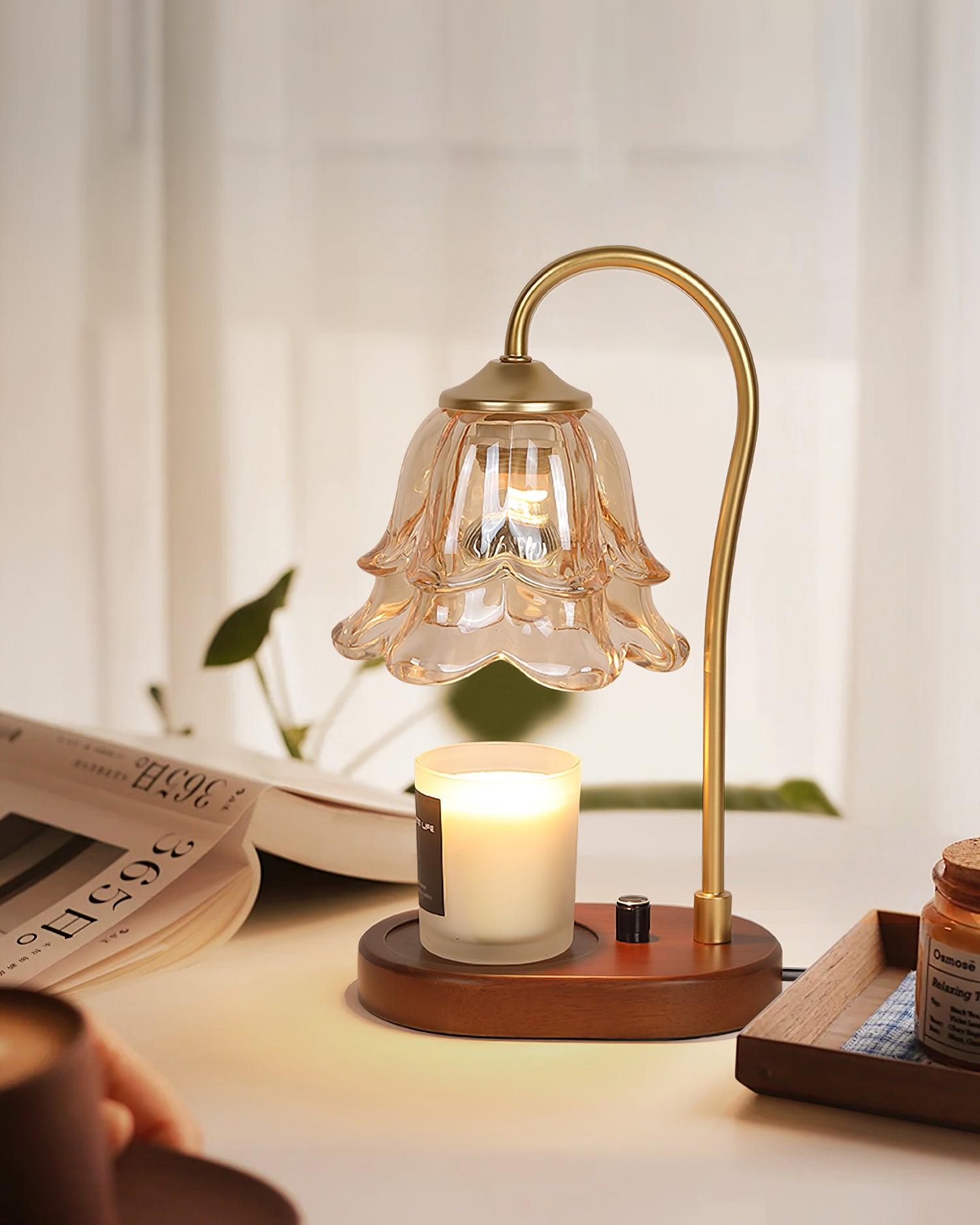 Romantic Amber Glass Candle Warmer Table Lamp with Walnut Wood Base for Home Decor