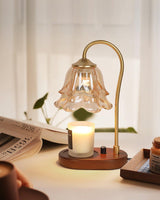 Romantic Amber Glass Candle Warmer Table Lamp with Walnut Wood Base for Home Decor