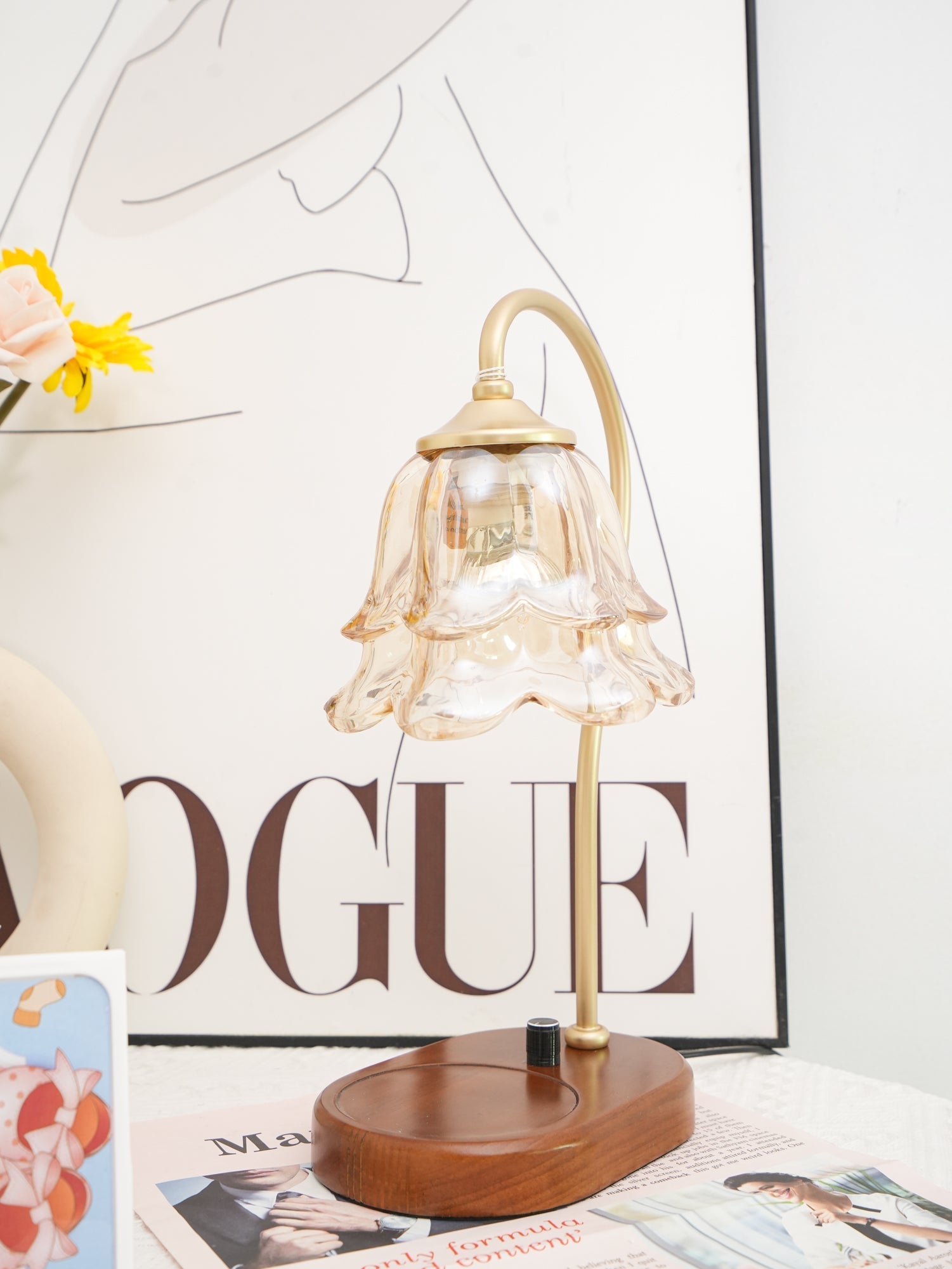 Romantic Amber Glass Candle Warmer Table Lamp with Walnut Wood Base for Home Decor