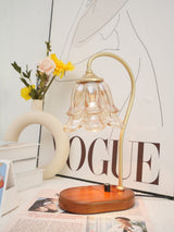 Romantic Amber Glass Candle Warmer Table Lamp with Walnut Wood Base for Home Decor
