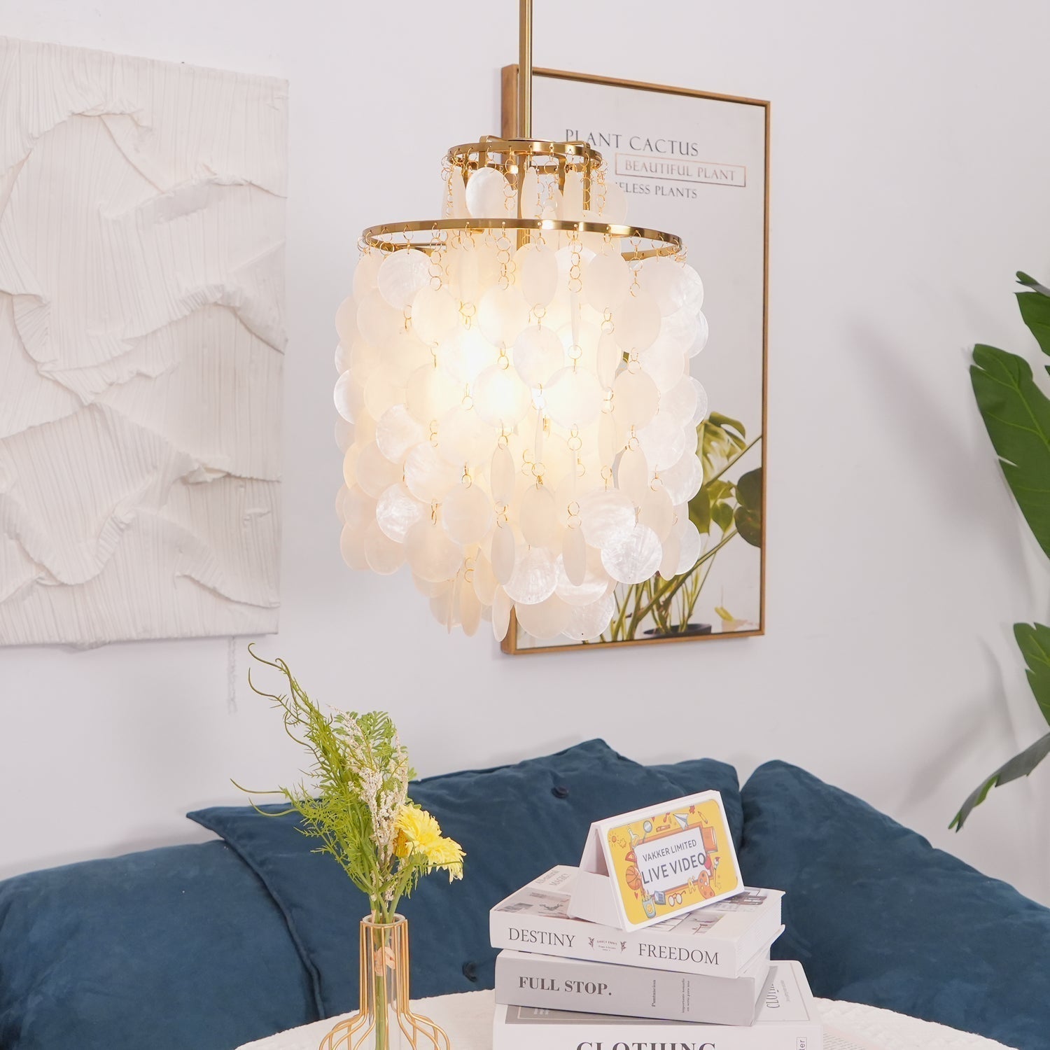 Modern Round Shell Pendant Light Coastal Chandelier for Living Room and Bedroom
