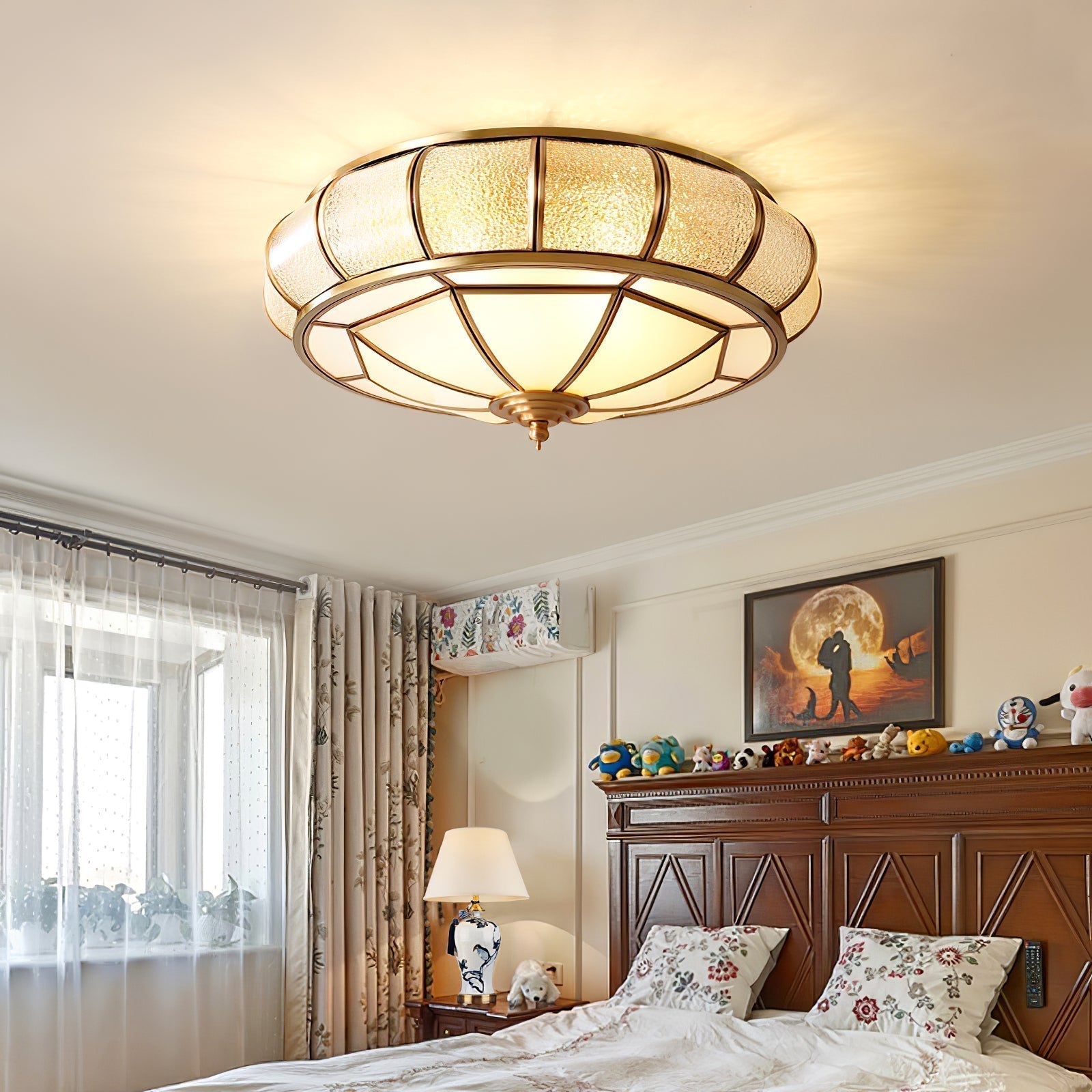 Modern Brass Flush Mount Ceiling Light with Textured Glass Shade for Indoor Spaces