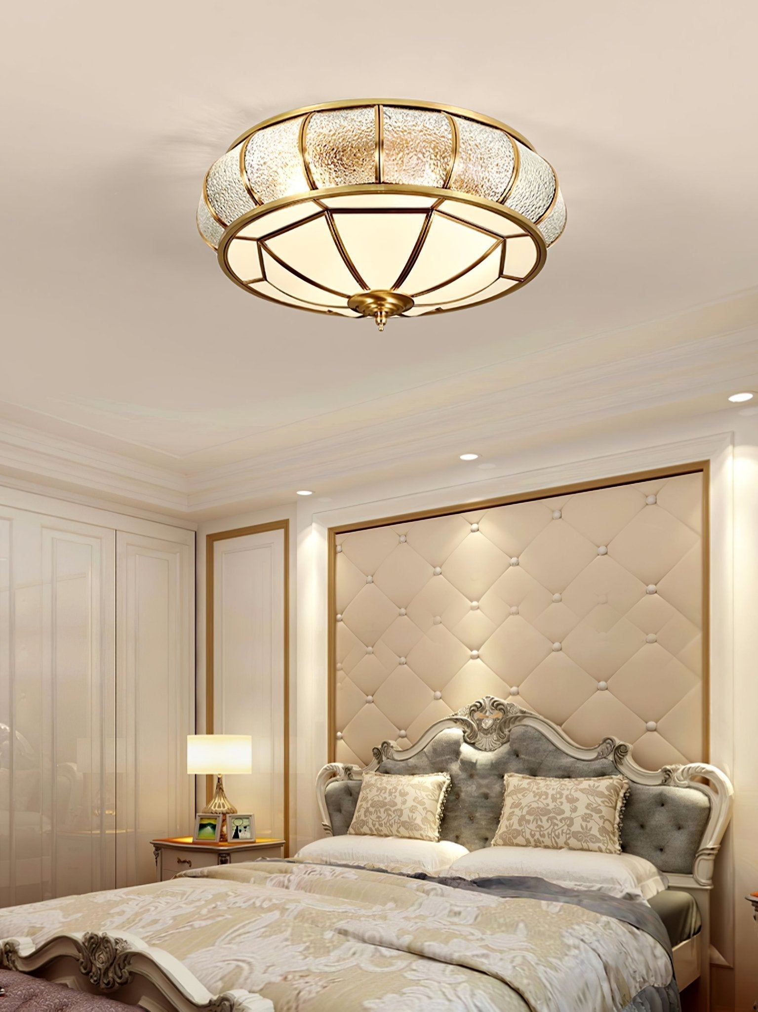 Modern Brass Flush Mount Ceiling Light with Textured Glass Shade for Indoor Spaces