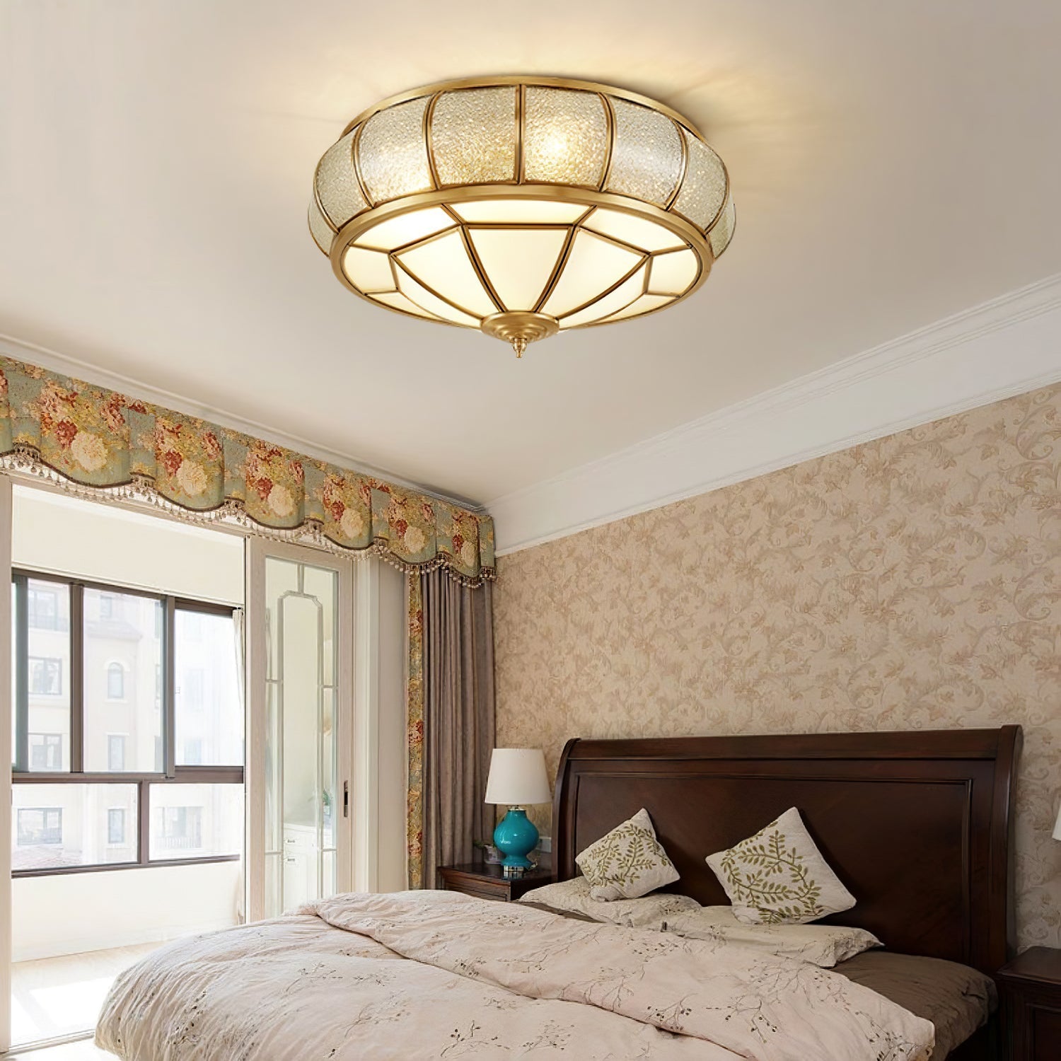 Modern Brass Flush Mount Ceiling Light with Textured Glass Shade for Indoor Spaces
