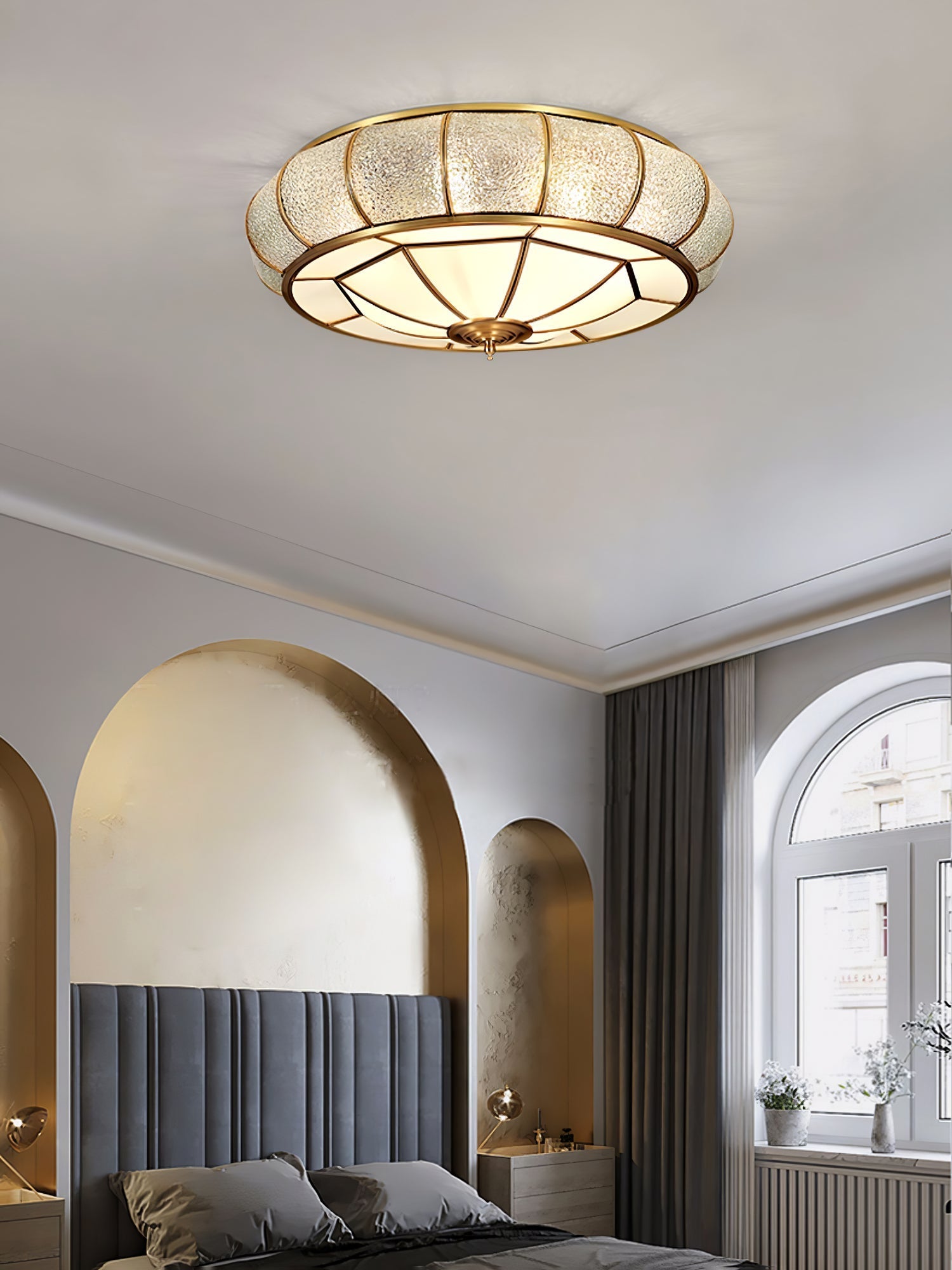 Modern Brass Flush Mount Ceiling Light with Textured Glass Shade for Indoor Spaces