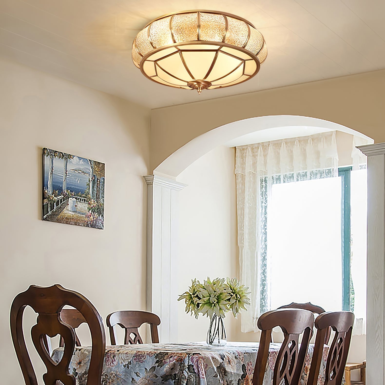 Modern Brass Flush Mount Ceiling Light with Textured Glass Shade for Indoor Spaces