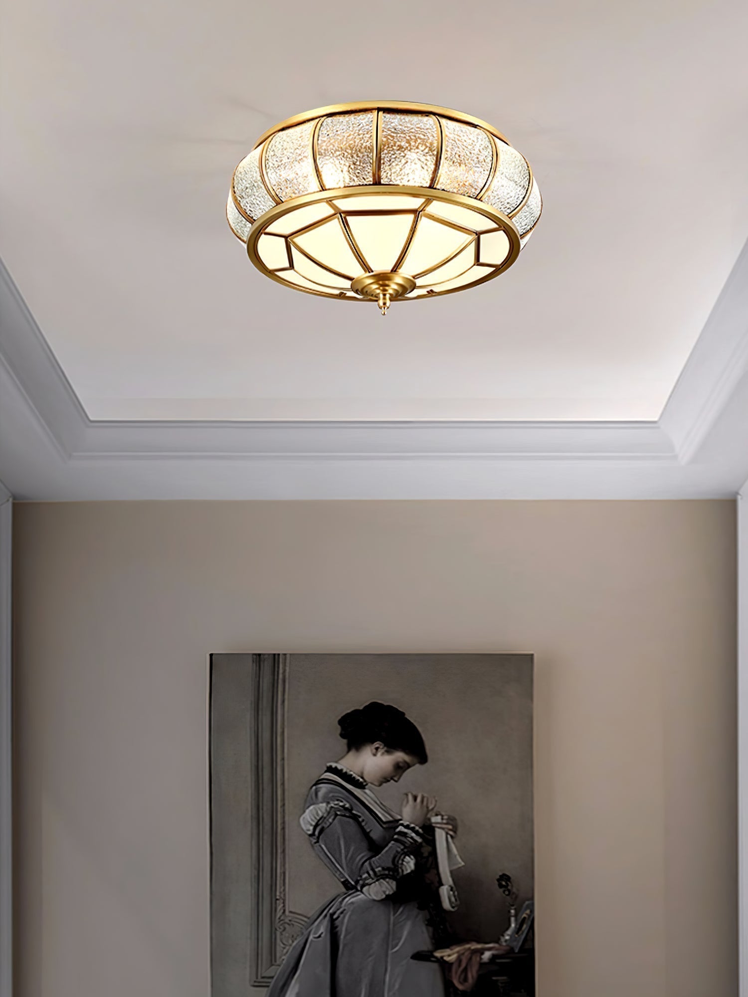 Modern Brass Flush Mount Ceiling Light with Textured Glass Shade for Indoor Spaces