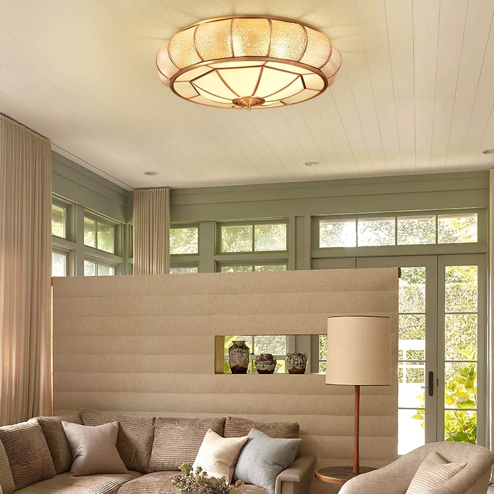 Modern Brass Flush Mount Ceiling Light with Textured Glass Shade for Indoor Spaces