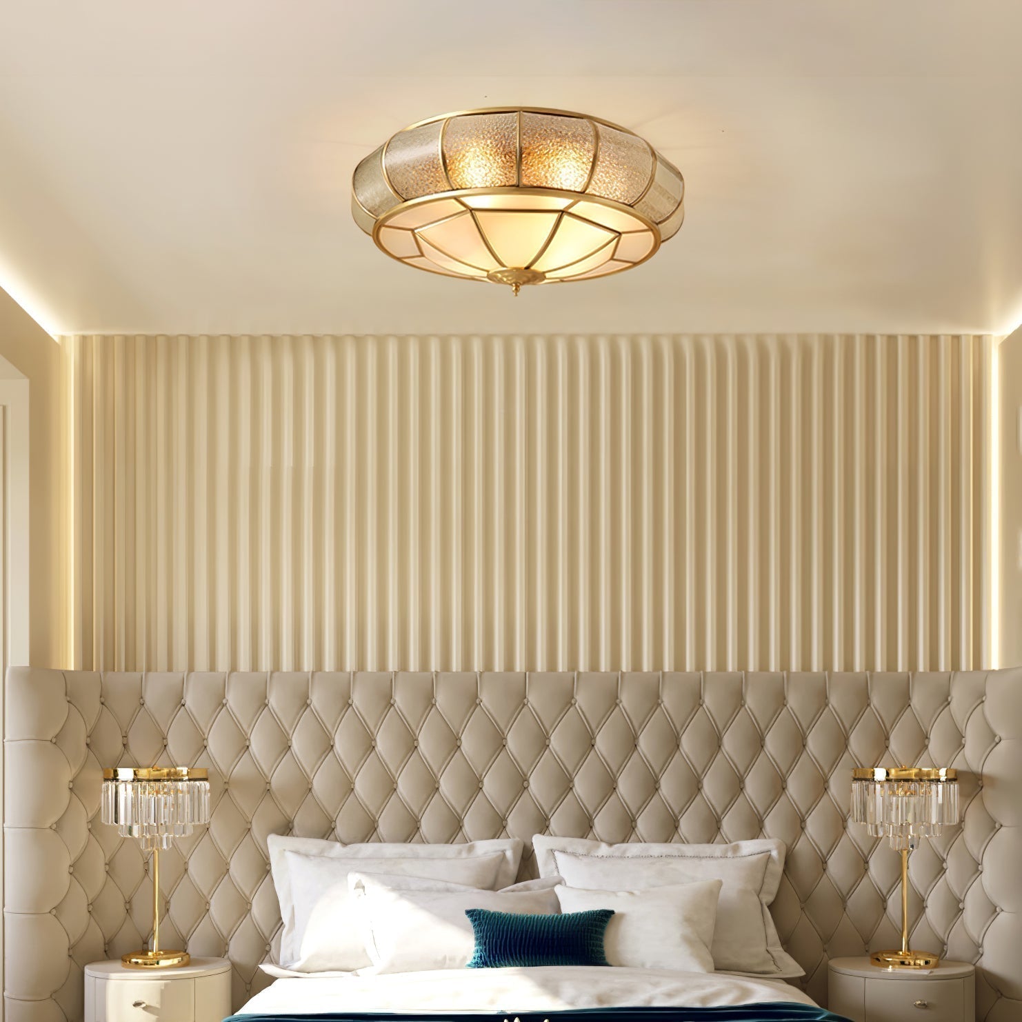 Modern Brass Flush Mount Ceiling Light with Textured Glass Shade for Indoor Spaces