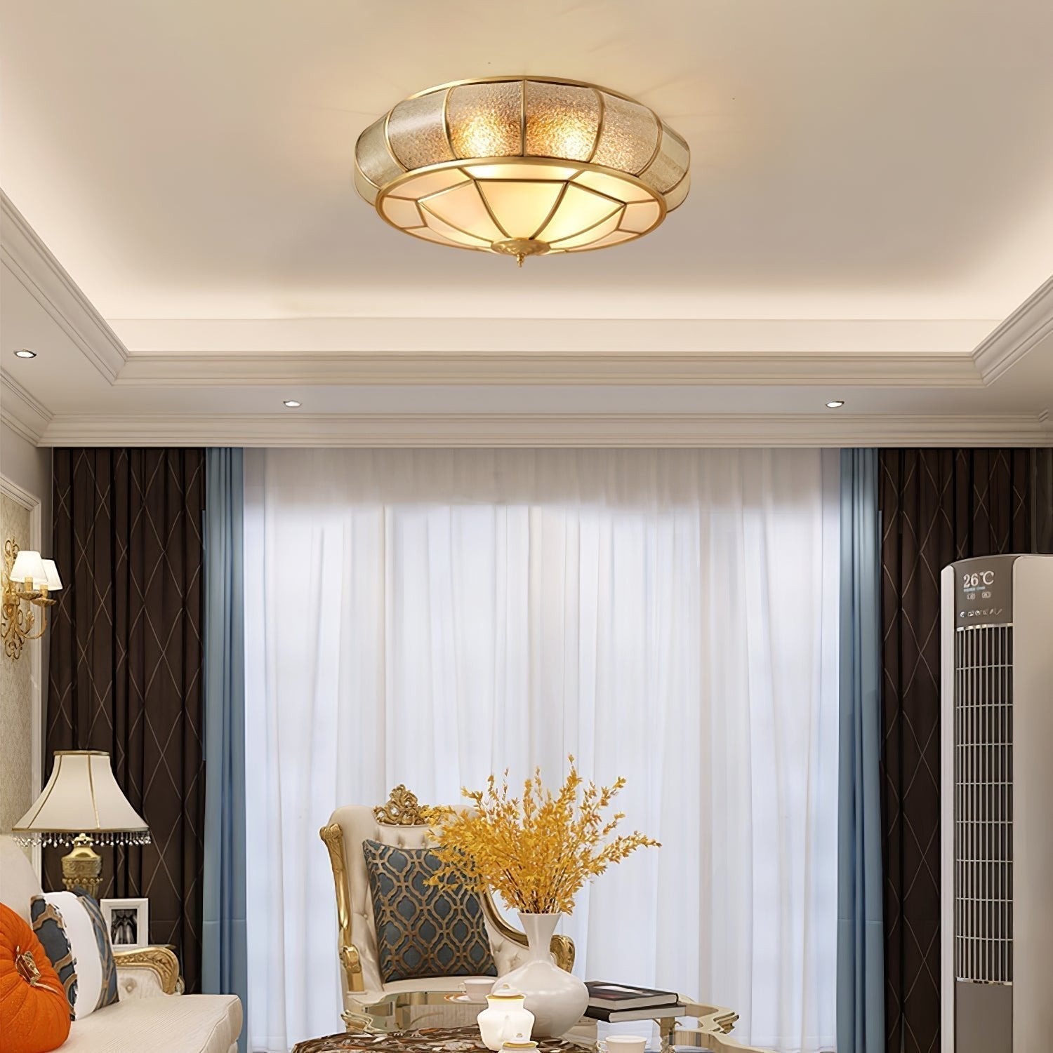 Modern Brass Flush Mount Ceiling Light with Textured Glass Shade for Indoor Spaces