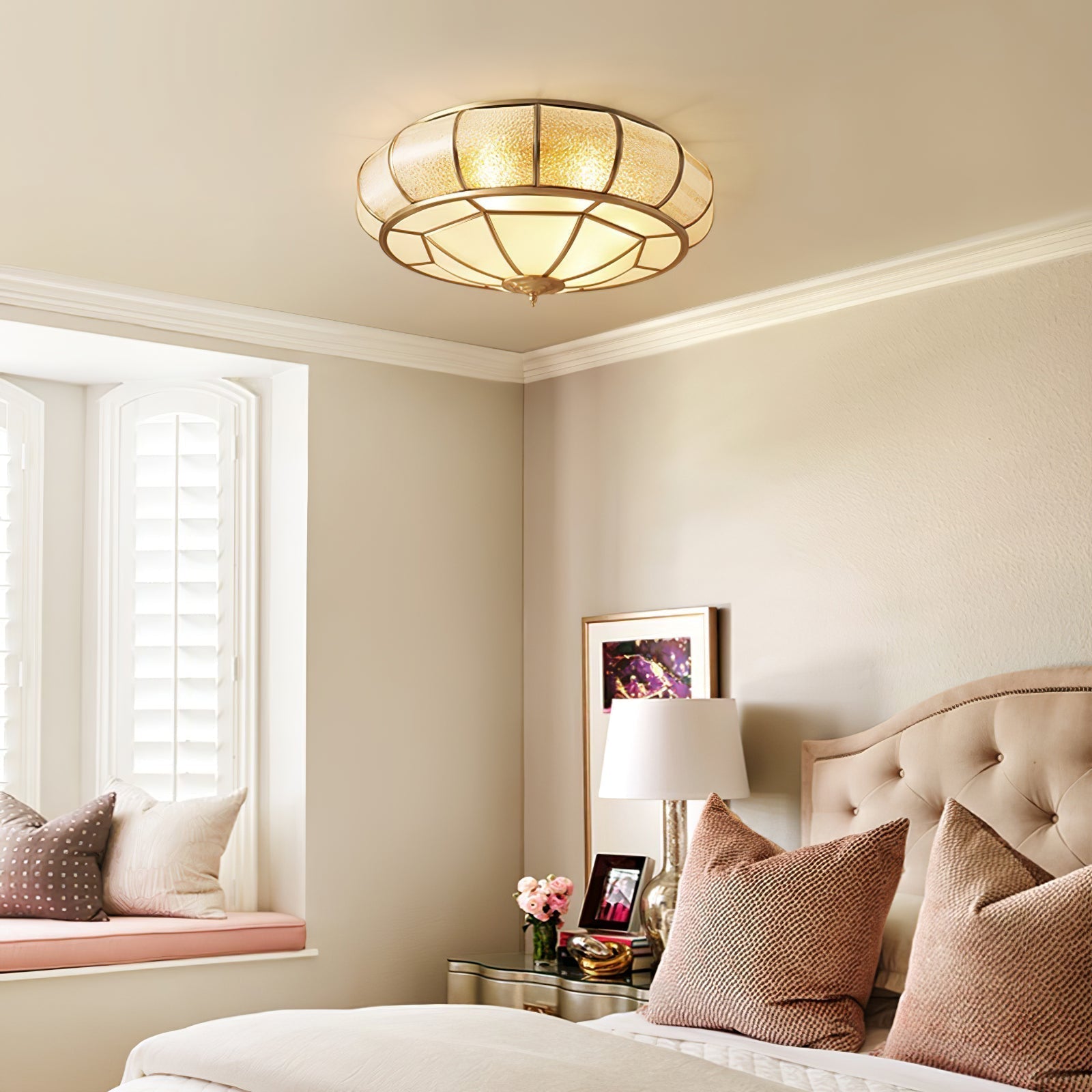 Modern Brass Flush Mount Ceiling Light with Textured Glass Shade for Indoor Spaces