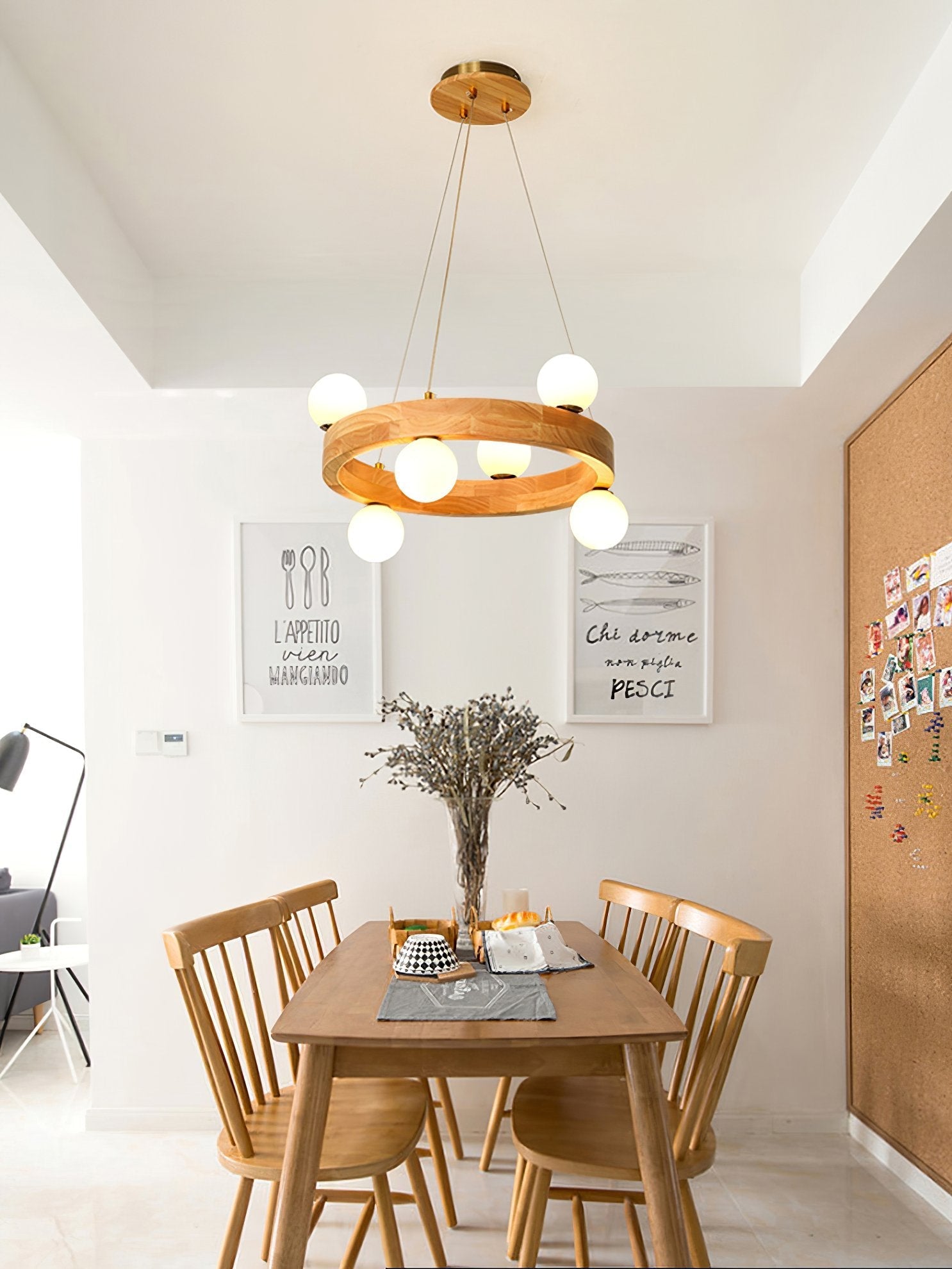 modern-rubber-wood-circle-chandelier-with-white-glass-globe-shades-for-living-room