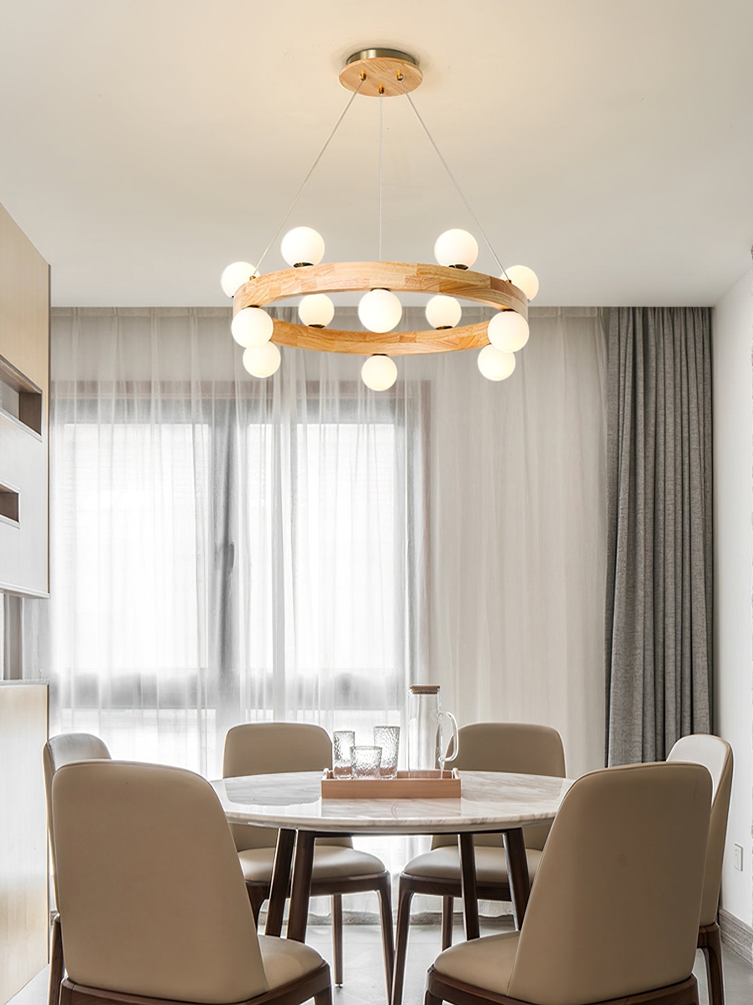 modern-rubber-wood-circle-chandelier-with-white-glass-globe-shades-for-living-room