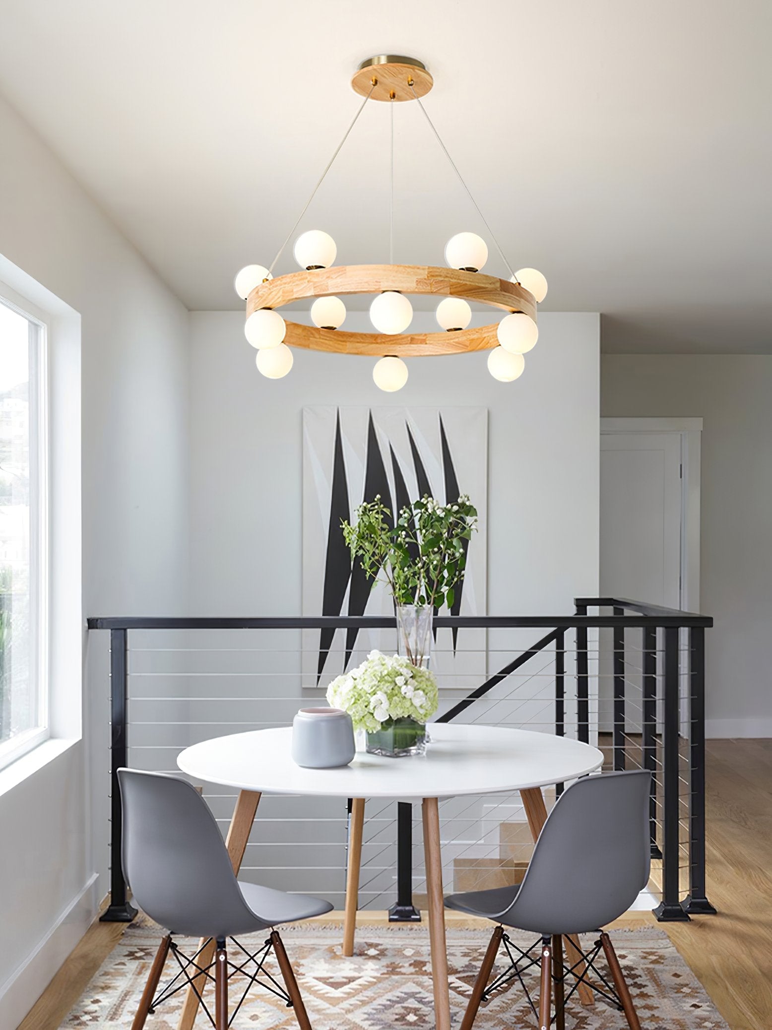 modern-rubber-wood-circle-chandelier-with-white-glass-globe-shades-for-living-room