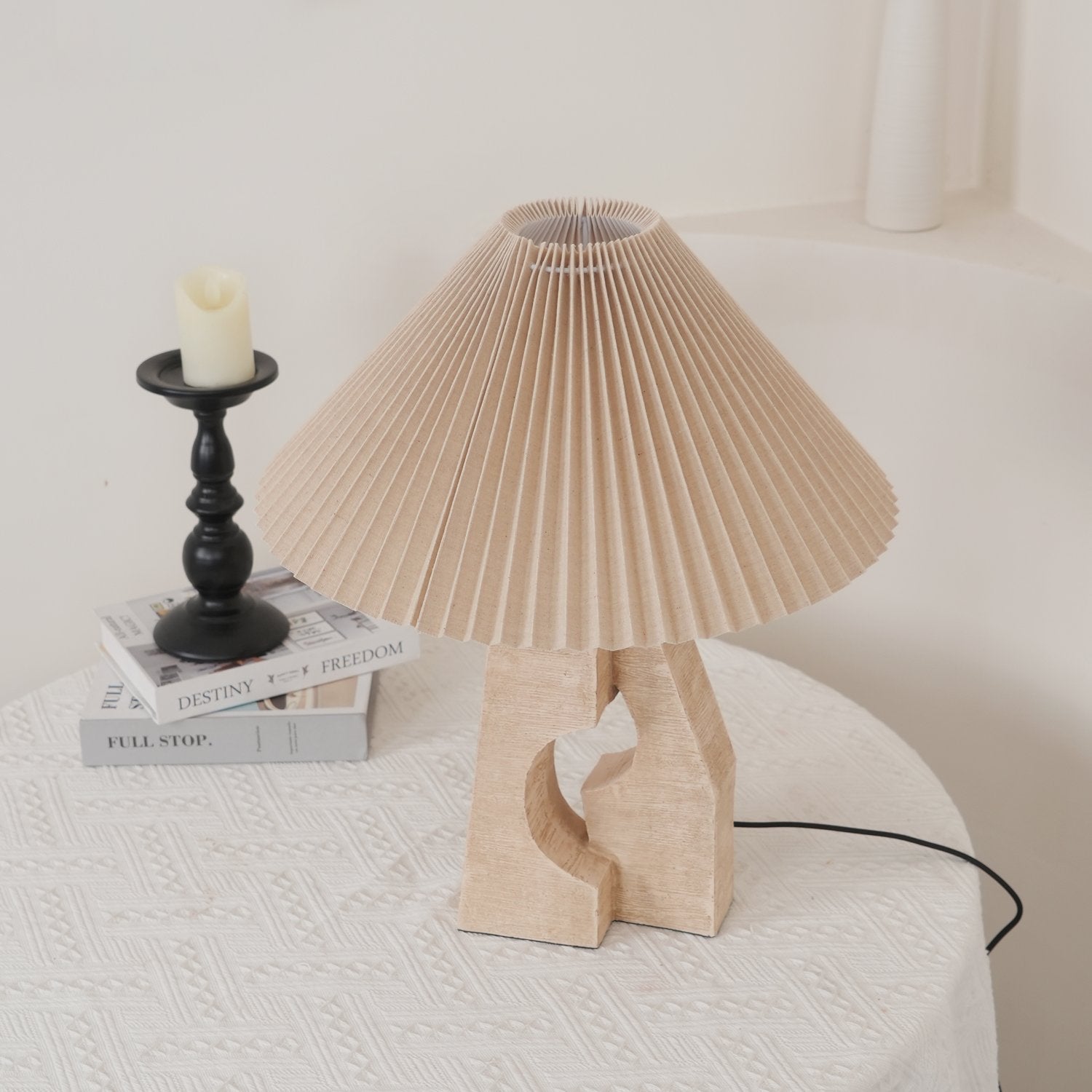 artistic-ruins-sculptural-resin-table-lamp-with-pleated-linen-shade-for-living-room