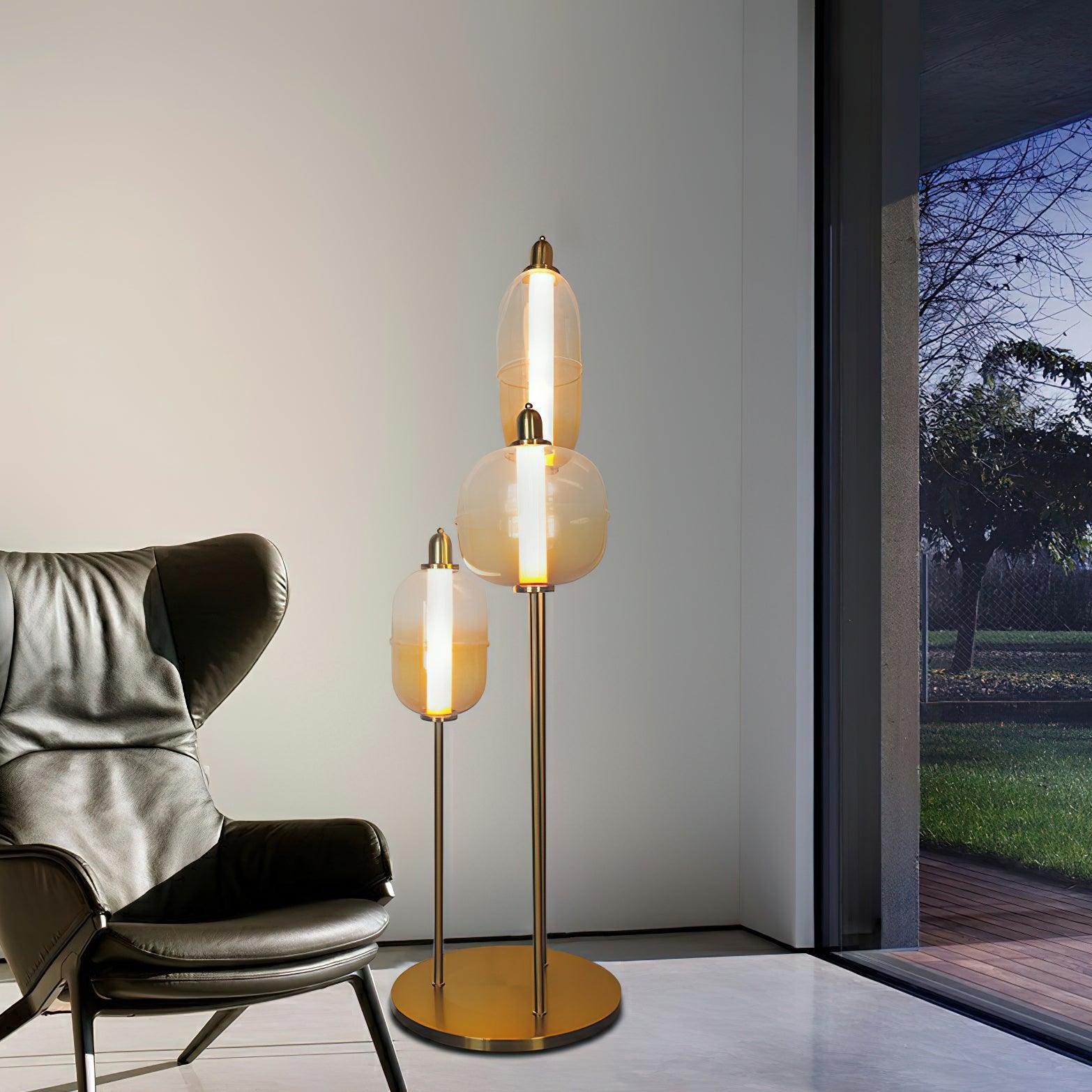 Modern Hand Blown Glass LED Floor Standing Lamp with Gold Metal Frame for Living Room Reading