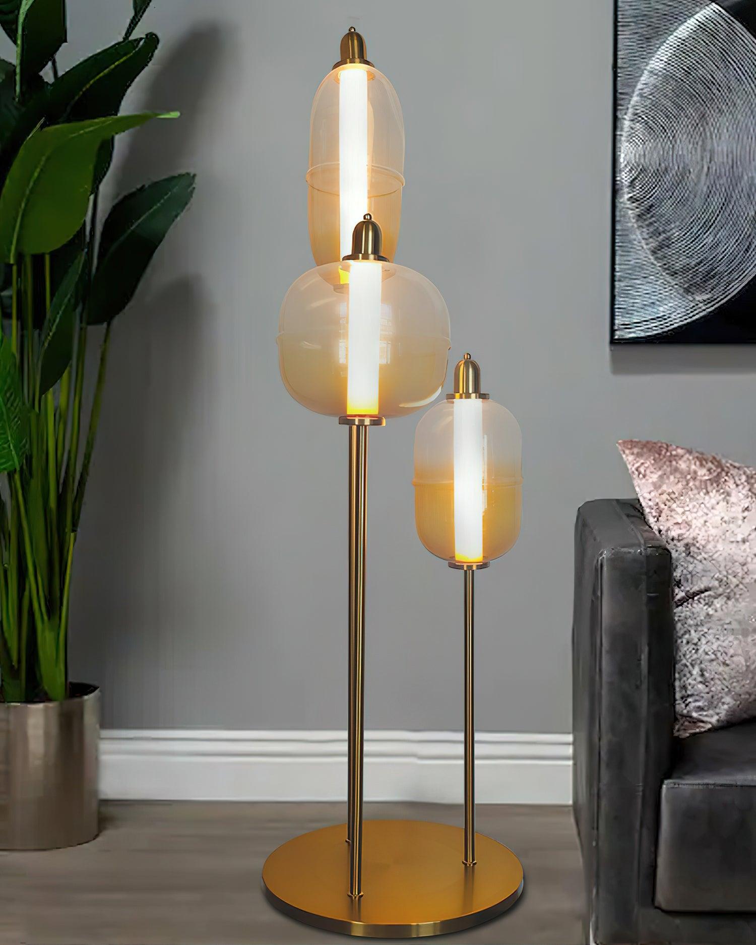 Modern Hand Blown Glass LED Floor Standing Lamp with Gold Metal Frame for Living Room Reading
