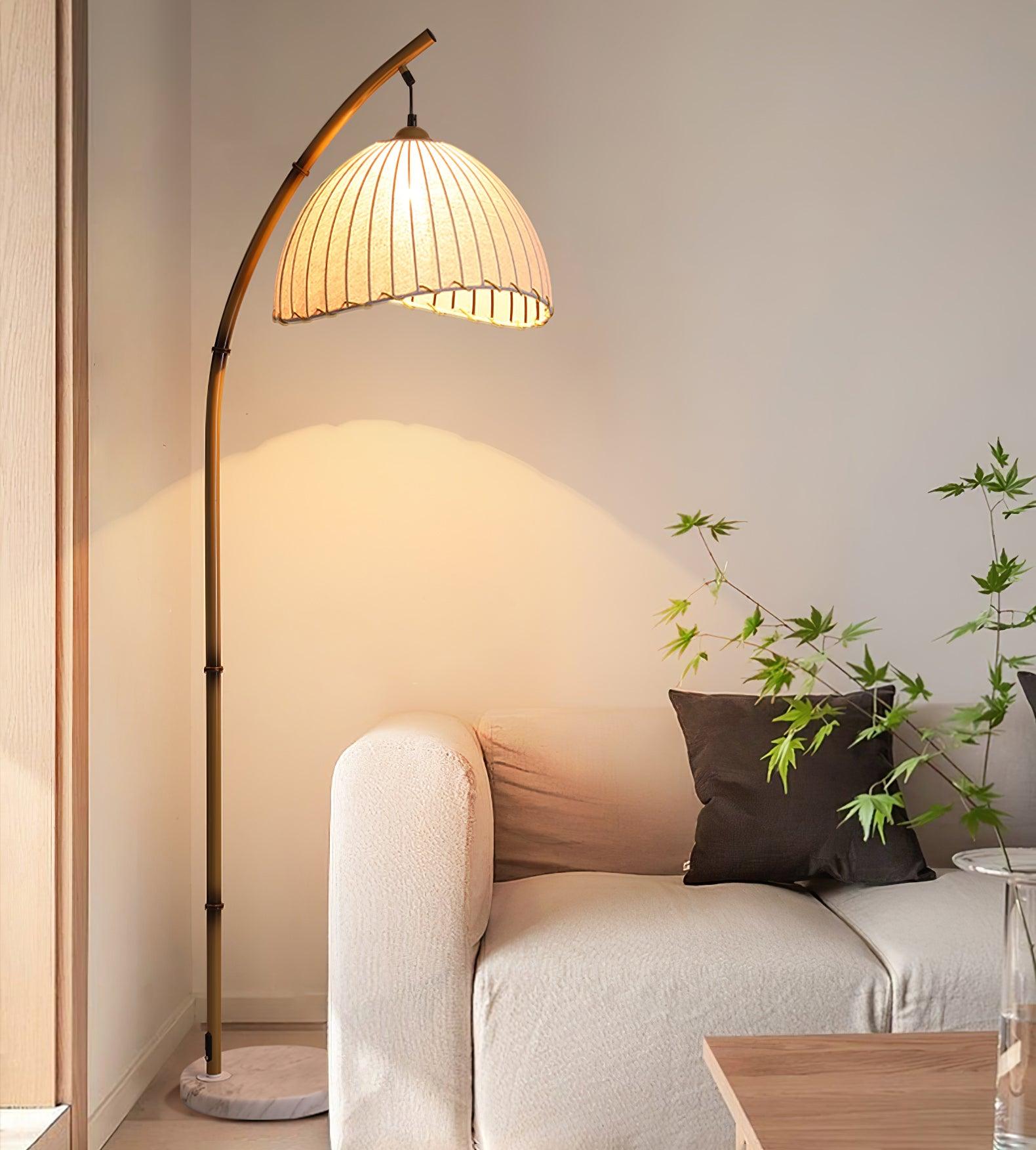 Sanna Curved Bamboo Floor Lamp with Marble Base and Beige Linen Shade for Modern Living Rooms