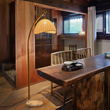 Sanna Curved Bamboo Floor Lamp with Marble Base and Beige Linen Shade for Modern Living Rooms
