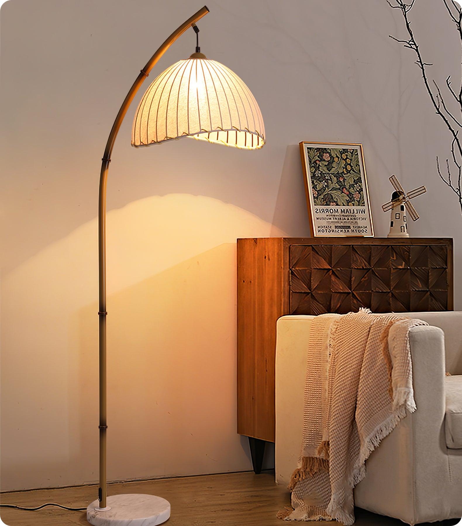 Sanna Curved Bamboo Floor Lamp with Marble Base and Beige Linen Shade for Modern Living Rooms