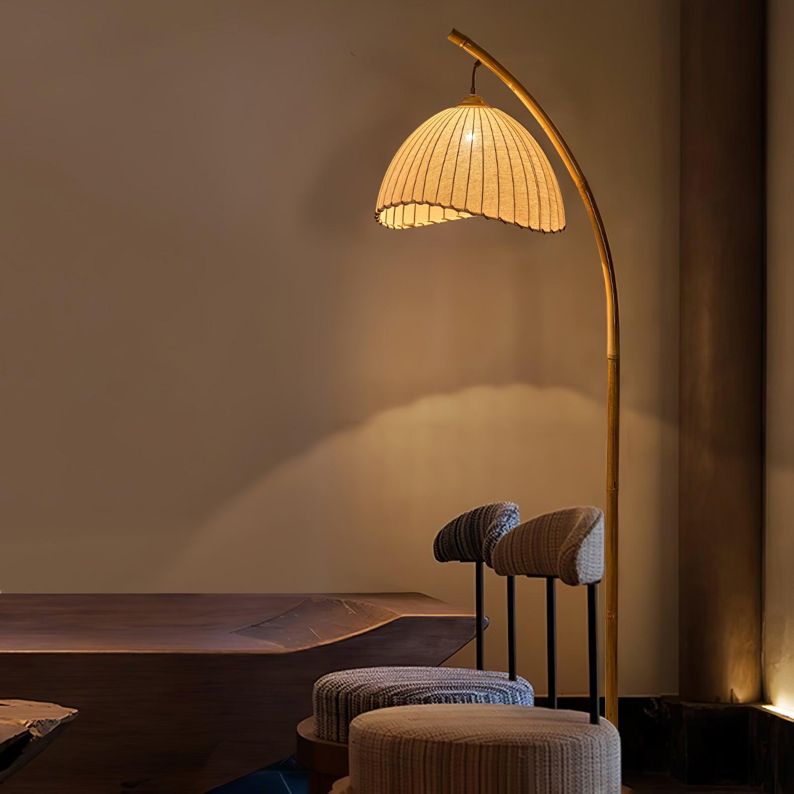 Sanna Curved Bamboo Floor Lamp with Marble Base and Beige Linen Shade for Modern Living Rooms