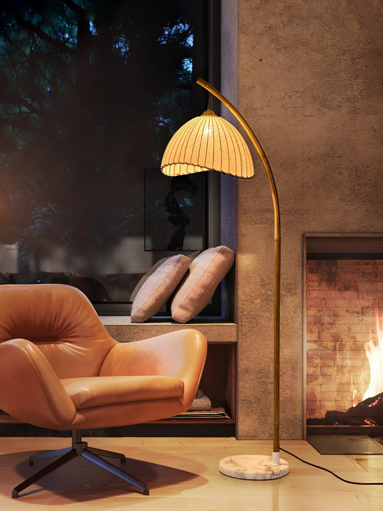Sanna Curved Bamboo Floor Lamp with Marble Base and Beige Linen Shade for Modern Living Rooms