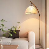 Sanna Curved Bamboo Floor Lamp with Marble Base and Beige Linen Shade for Modern Living Rooms