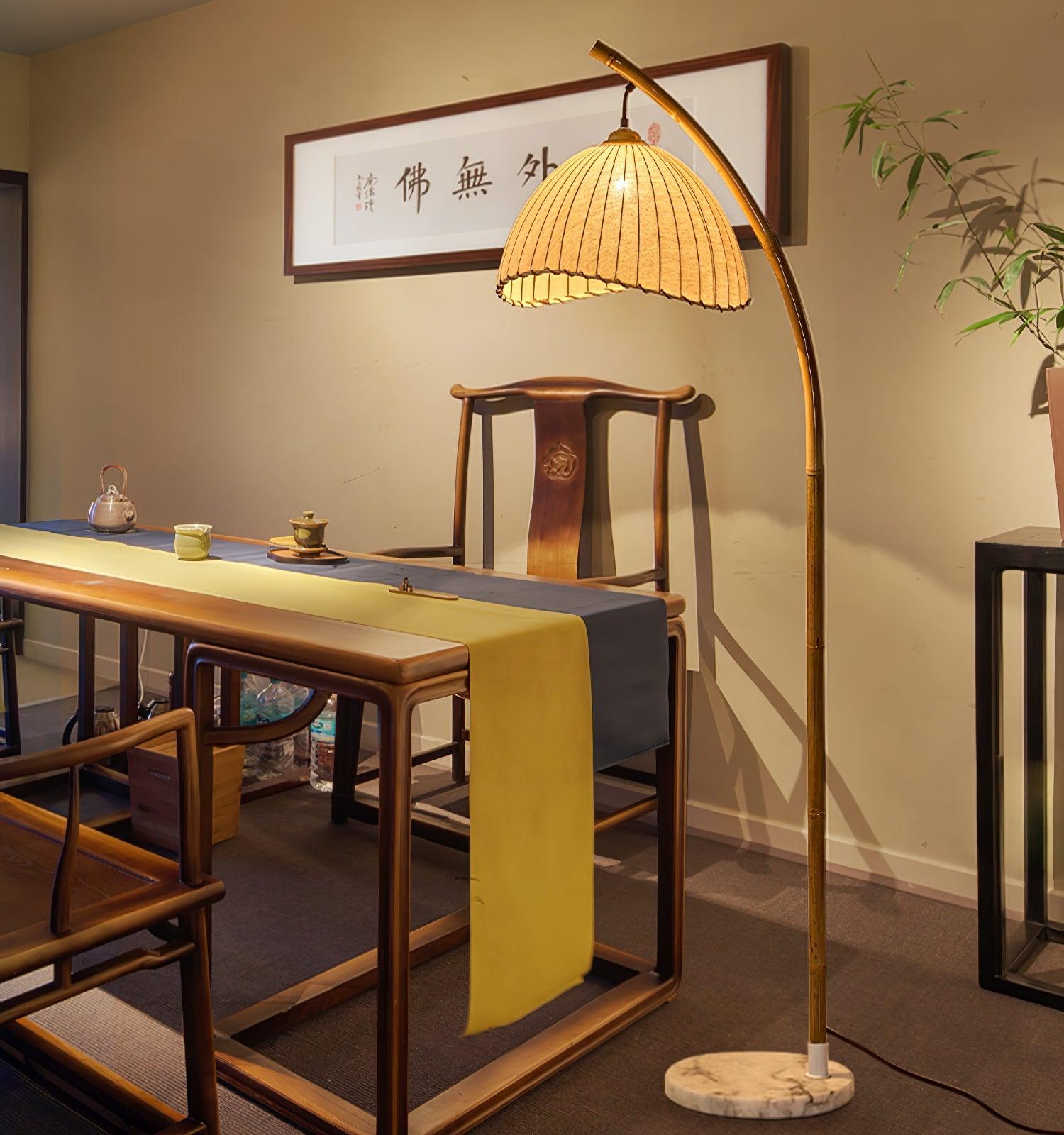 Sanna Curved Bamboo Floor Lamp with Marble Base and Beige Linen Shade for Modern Living Rooms