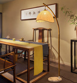 Sanna Curved Bamboo Floor Lamp with Marble Base and Beige Linen Shade for Modern Living Rooms