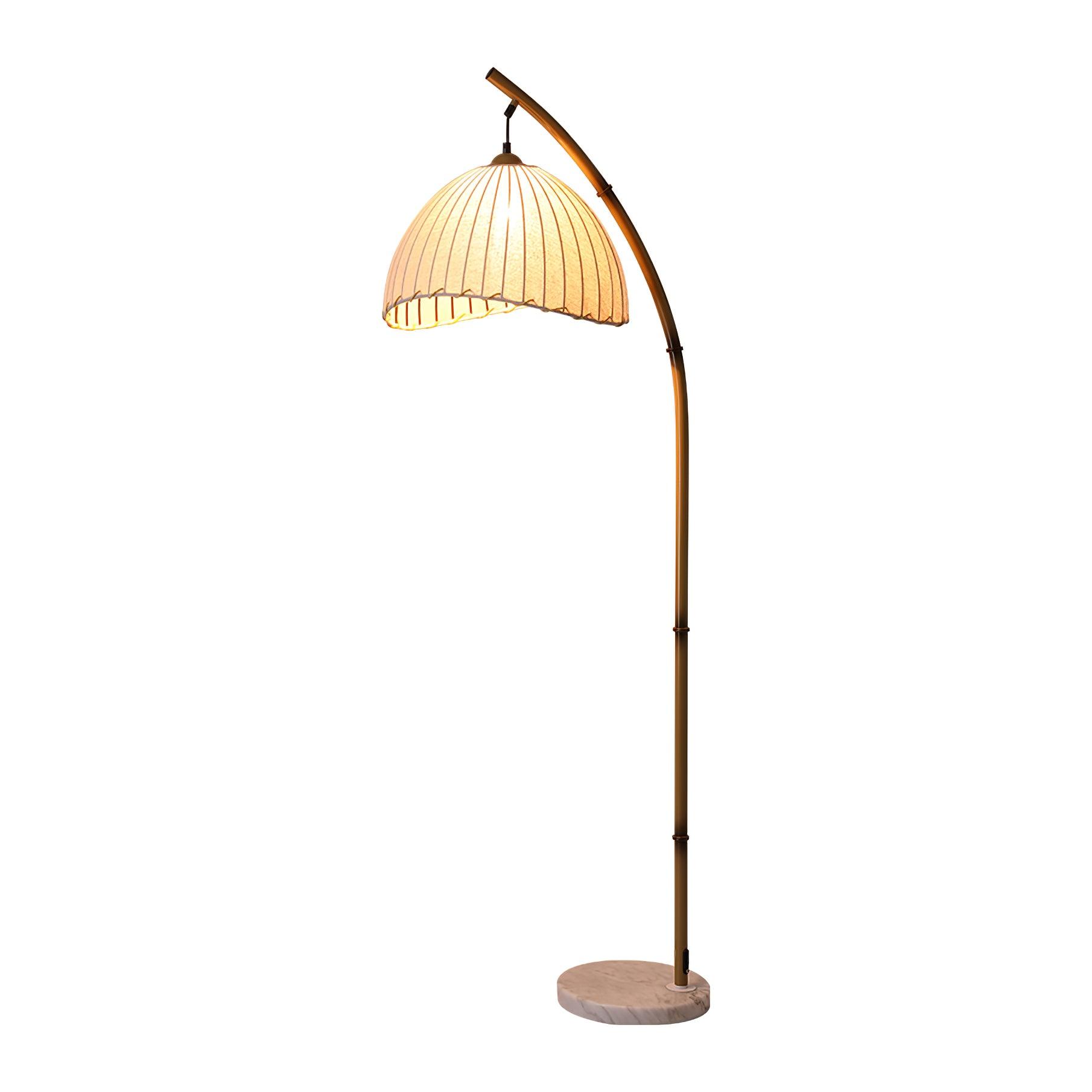 Sanna Curved Bamboo Floor Lamp with Marble Base and Beige Linen Shade for Modern Living Rooms