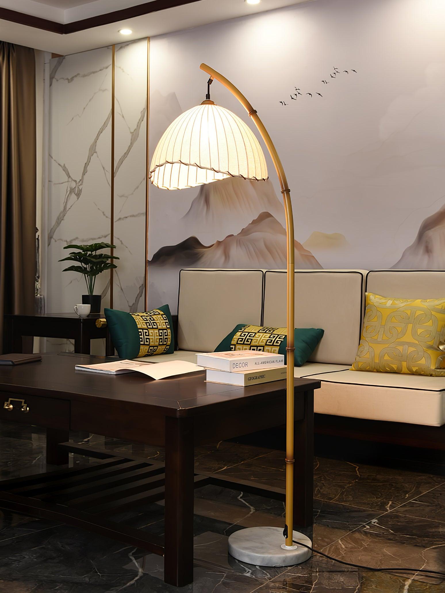 Sanna Curved Bamboo Floor Lamp with Marble Base and Beige Linen Shade for Modern Living Rooms