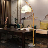 Sanna Curved Bamboo Floor Lamp with Marble Base and Beige Linen Shade for Modern Living Rooms