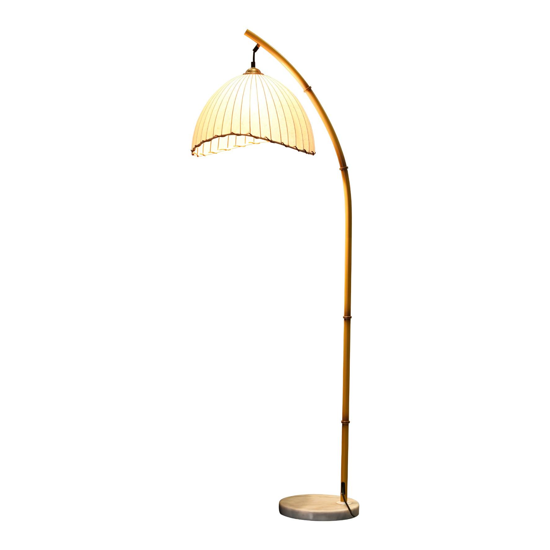 Sanna Curved Bamboo Floor Lamp with Marble Base and Beige Linen Shade for Modern Living Rooms