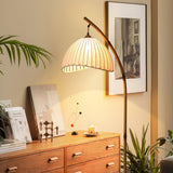 Sanna Curved Bamboo Floor Lamp with Marble Base and Beige Linen Shade for Modern Living Rooms