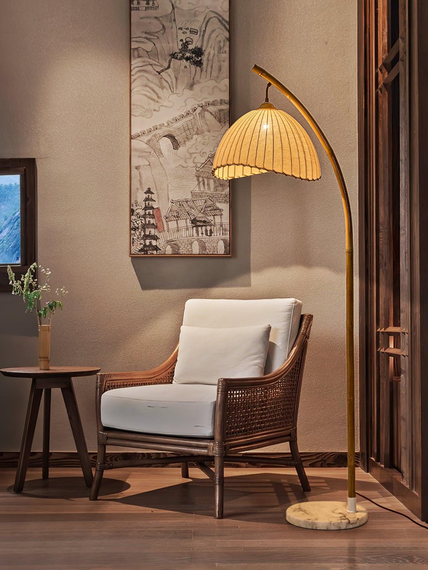 Sanna Curved Bamboo Floor Lamp with Marble Base and Beige Linen Shade for Modern Living Rooms