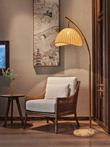 Sanna Curved Bamboo Floor Lamp with Marble Base and Beige Linen Shade for Modern Living Rooms