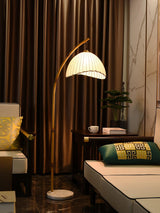 Sanna Curved Bamboo Floor Lamp with Marble Base and Beige Linen Shade for Modern Living Rooms