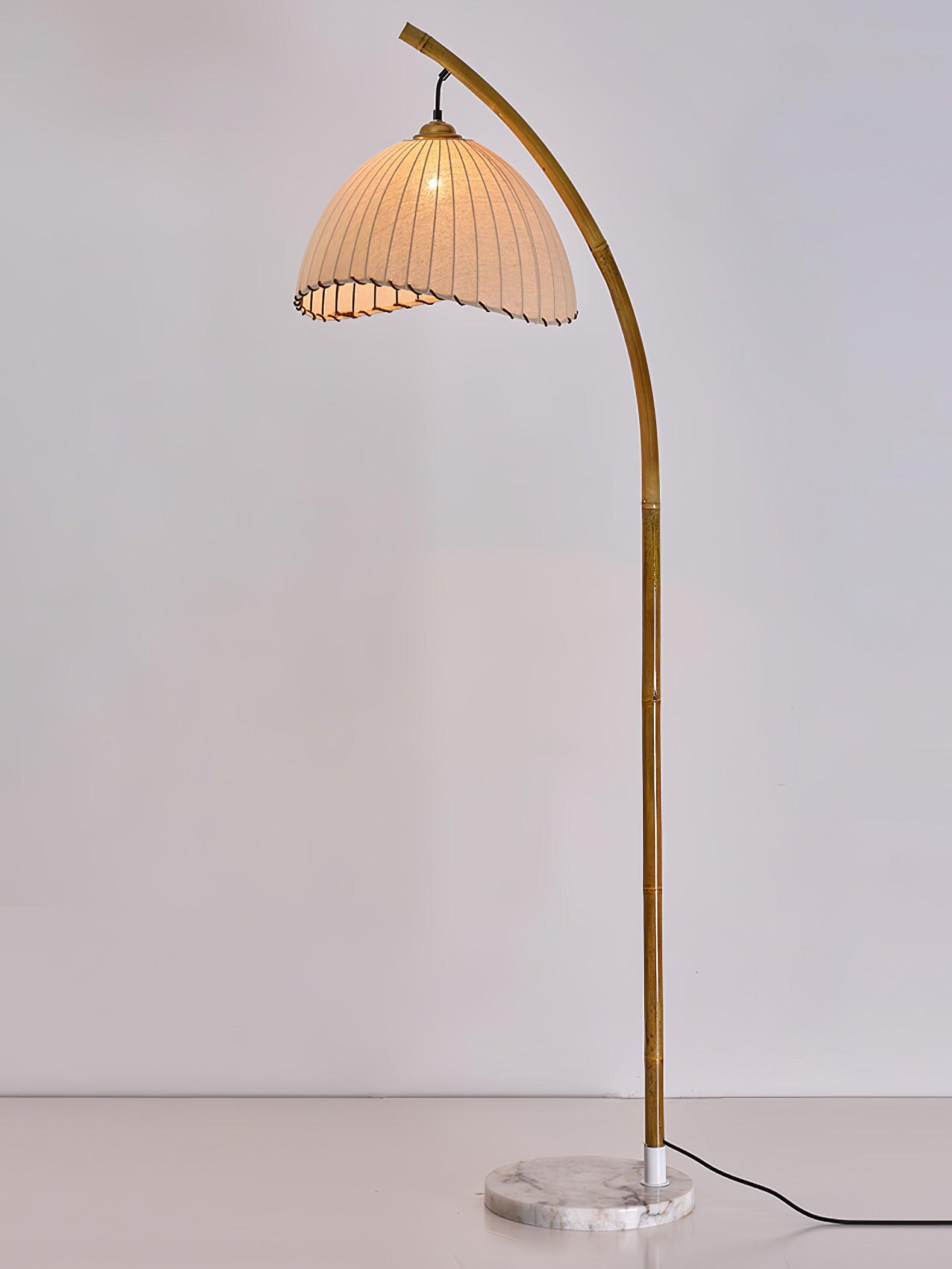 Sanna Curved Bamboo Floor Lamp with Marble Base and Beige Linen Shade for Modern Living Rooms